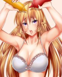 Rule 34 | 10s, 1girl, arms up, blonde hair, bow, bow bra, bra, breasts, cleavage, dated, female focus, frilled bra, frills, highres, ketchup, large breasts, long hair, looking at viewer, mustard, nakiri erina, purple eyes, shokugeki no souma, solo, tongue, tongue out, tony guisado, underwear, white bra