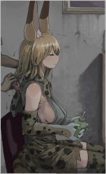 Rule 34 | animal ears, blonde hair, breasts, brushing hair, closed eyes, closed mouth, crack, cracked wall, dilapidated, drink, drinking straw, hair brush, high-waist skirt, holding, holding drink, i love serval, kemono friends, large breasts, oekaki, paint, picture frame, print legwear, print scarf, scarf, serval (kemono friends), serval print, sideboob, sitting, skirt, smile, stain, tail, thighhighs