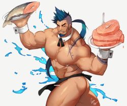 Rule 34 | 1boy, abs, alternate costume, anchor symbol, apron, apron lift, ass, asymmetrical hair, bar censor, bara, bare pectorals, biceps, black apron, blue eyes, blue hair, censored, chest tattoo, clothes lift, detached collar, facial hair, fish, goatee, gomtang, grin, holding, holding plate, large pectorals, long hair, looking at viewer, male focus, mature male, muscular, muscular male, navel, nipple piercing, nipples, original, pectorals, penis, penis peek, piercing, plate, ponytail, revealing clothes, shark (gomtang), sharp teeth, sideburns, sidecut, smile, solo, stomach, tattoo, teeth, thick eyebrows, thick thighs, thighs, undercut, waist apron, water, wrist cuffs