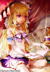 Rule 34 | 1girl, blonde hair, book, breasts, character request, cleavage, copyright name, crown, cup, elbow gloves, esphy, flower, frilled skirt, frills, gloves, long hair, mystic blood, purple eyes, purple skirt, sitting, skirt, small breasts, solo, strapless, thighhighs, white gloves, white thighhighs