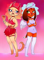 Rule 34 | 2girls, angel, animal ears, animification, blue eyes, brooke hayes, cat ears, cat girl, cat tail, crossed arms, demon costume, dog ears, dog girl, dog tail, eyelashes, furry, furry female, green eyes, halo, highres, littlest pet shop: popular, multiple girls, nic-the-sweg, official alternate costume, savannah reed, signature, standing, tail, thighhighs, zettai ryouiki