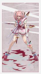 Rule 34 | 1girl, bleeding, blood, female focus, full body, highres, impaled, injury, kirameki mamika, long hair, magical girl, pink hair, re:creators, short hair, short twintails, solo, spoilers, stab, standing, twintails, wand, weapon