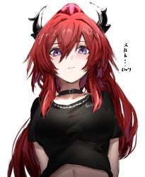 Rule 34 | 1girl, arknights, black choker, black shirt, breasts, character name, choker, commentary, demon horns, highres, horn/wood, horns, large breasts, long hair, looking at viewer, navel, official alternate costume, ponytail, purple eyes, red hair, shirt, simple background, solo, surtr (arknights), surtr (liberte echec) (arknights), symbol-only commentary, upper body, very long hair, white background