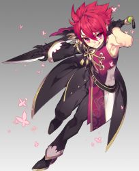 Rule 34 | 1boy, asymmetrical clothes, belt, black footwear, black gloves, black pants, bug, butterfly, elsword, elsword (character), full body, gloves, gradient background, grey background, grin, insect, male focus, messy hair, pants, pika (kai9464), red eyes, red hair, shoes, smile, solo, sword, weapon