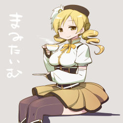 Rule 34 | 10s, 1girl, blonde hair, boots, chan co, cup, detached sleeves, drill hair, hat, highres, magical girl, mahou shoujo madoka magica, mahou shoujo madoka magica (anime), saucer, sitting, skirt, smile, solo, striped clothes, striped thighhighs, tea, teacup, thighhighs, tomoe mami, twin drills, twintails, yellow eyes