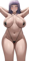 Rule 34 | 1girl, absurdres, armpits, arms behind head, arms up, ass, bikini, blue hair, blush, breasts, cleavage, cleavage cutout, clothing cutout, covered erect nipples, dark blue hair, feet out of frame, hair between eyes, highres, hime cut, huge ass, hyuuga hinata, jasony, large breasts, looking at viewer, midriff, naruto (series), naruto shippuuden, navel, no pupils, revealing clothes, simple background, smile, stomach, string bikini, sweat, swimsuit, thick thighs, thigh gap, thighs, wet, white background, white eyes, wide hips