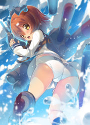 Rule 34 | 10s, 1girl, ass, binoculars, blue sky, brown eyes, brown hair, cameltoe, clothes writing, cloud, commentary request, dress, from behind, headgear, kantai collection, looking back, machinery, mayusaki yuu, panties, sailor collar, sailor dress, short hair, sky, solo, turret, underwear, underwear writing, water, white panties, yukikaze (kancolle)
