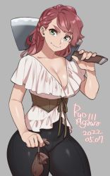 Rule 34 | 1girl, agawa ryou, artist name, black pants, blouse, braid, breasts, cleavage, cleaver, collarbone, cowboy shot, dated, green eyes, grey background, holding, holding weapon, large breasts, long hair, looking at viewer, low neckline, original, pants, red hair, shirt, signature, simple background, smile, solo, thick thighs, thighs, underbust, v-neck, v-shaped eyebrows, weapon, white shirt