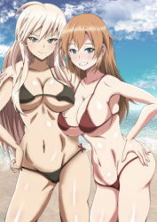 Rule 34 | 2girls, arobiro, beach, bikini, black bikini, blonde hair, blue eyes, blush, breasts, brown hair, charlotte e. yeager, collarbone, day, groin, hanna-justina marseille, highres, large breasts, looking at viewer, multiple girls, narrow waist, navel, ocean, outdoors, red bikini, sky, smile, standing, strike witches, swimsuit, wide hips, witches of africa, world witches series