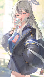 1girl absurdres amana_(pocketkey) black_jacket black_skirt blue_archive blue_eyes blue_necktie blue_shirt blurry blurry_background bracelet commentary_request cup grey_hair grey_halo halo hand_in_pocket highres holding holding_cup jacket jewelry konoka_(blue_archive) long_hair looking_at_viewer mask mask_pull mouth_mask necktie open_mouth pleated_skirt shirt skirt smile solo surgical_mask thighs white_mask