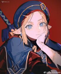 Rule 34 | 1boy, akihare, artist name, black headwear, blonde hair, blue eyes, closed mouth, earrings, gloves, hand on own cheek, hand on own face, highres, jewelry, link, looking ahead, male focus, nintendo, pointy ears, red background, simple background, solo, sword, the legend of zelda, weapon, white gloves
