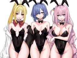 Rule 34 | 3girls, ahoge, alternate costume, alternate hairstyle, animal ears, arm under breasts, bare shoulders, black bow, black bowtie, black corset, black leotard, blonde hair, blue eyes, blue hair, blush, bocchi the rock!, bow, bowtie, breasts, buttons, choppy bangs, coat, collar, collarbone, commentary, corset, covered navel, cowboy shot, cube hair ornament, detached collar, double-breasted, embarrassed, fake animal ears, gluteal fold, gotoh hitori, groin, hair ornament, hair over one eye, hairclip, highleg, highleg leotard, highres, ijichi nijika, jacket, kushinaka, large breasts, leotard, long hair, looking at viewer, medium breasts, mole, mole under eye, multiple girls, off shoulder, open clothes, open mouth, open shirt, pink hair, pink jacket, playboy bunny, ponytail, rabbit ears, red bow, red bowtie, red eyes, shirt, short hair, simple background, sleeveless, strapless, strapless leotard, thigh gap, thighs, track jacket, white background, white collar, white shirt, wide hips, yamada ryo, yellow eyes