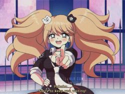 Rule 34 | 1990s (style), 1girl, :d, artist name, big hair, black shirt, blue eyes, breasts, buttons, choker, collarbone, collared shirt, commentary request, cosplay, criis-chan, danganronpa (series), danganronpa v3: killing harmony, emblem, english text, enoshima junko, enoshima junko (cosplay), fence, film grain, gunma prefectural shibuya high school (emblem), gunma prefectural shibuya high school uniform, hair ornament, hand on own hip, indoors, mosaic pattern, nail polish, necktie, open mouth, parody, pointing, pointing at viewer, red nails, retro artstyle, school emblem, school uniform, shirogane tsumugi, shirt, sidelocks, sleeves rolled up, smile, solo, split mouth, spoilers, stained glass, style parody, subtitled, swept bangs, teeth, tumblr username, twintails, upper body, upper teeth only, v-shaped eyebrows, vhs artifacts, watermark, web address, window