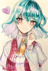 Rule 34 | 1girl, :3, aqua hair, ascot, collared shirt, finger to face, hand up, heart, highres, kazami yuuka, light smile, long sleeves, looking at viewer, navybluesparrow, painting (medium), plaid, plaid vest, puffy long sleeves, puffy sleeves, red eyes, red vest, shirt, short hair, solo, touhou, traditional media, upper body, vest, watercolor (medium), wavy hair, white background, white shirt, yellow ascot