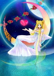 Rule 34 | 1990s (style), 1girl, bare shoulders, bishoujo senshi sailor moon, blonde hair, blue eyes, crescent, crescent facial mark, crescent moon, double bun, dress, facial mark, flower, full body, full moon, gown, hair ornament, hairpin, heart, highres, long hair, moon, on crescent, princess, princess serenity, red flower, red rose, retro artstyle, rose, sitting, smile, solo, space, star (sky), tsukino usagi, twintails, utagedoki, water