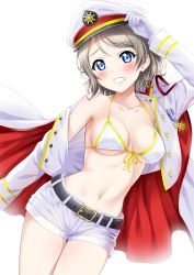 Rule 34 | 1girl, bare shoulders, belt, bikini, bikini top only, blue eyes, blush, breasts, buckle, cape, collar, gloves, grey hair, grin, hat, highres, long sleeves, looking at viewer, love live!, love live! sunshine!!, medium breasts, navel, open clothes, open shirt, peaked cap, sankuro (agoitei), short hair, short shorts, shorts, simple background, smile, solo, swimsuit, underboob, watanabe you, white background, white bikini, white gloves