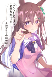 Rule 34 | 1girl, animal ears, apron, blouse, blush, bow, bowtie, brown hair, chocolate, closed mouth, commentary, ear bow, food, hair ornament, hairclip, highres, hojiro same, holding, holding food, horse ears, horse girl, long hair, looking at viewer, mejiro dober (umamusume), pink apron, purple bow, purple bowtie, purple eyes, purple shirt, sailor collar, school uniform, shirt, simple background, smile, solo, standing, tracen school uniform, translated, umamusume, upper body, valentine, white background, white sailor collar