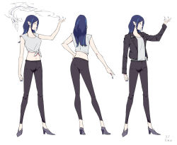 Rule 34 | 1girl, arm at side, arm up, black jacket, black pantyhose, blue hair, breasts, character name, character sheet, clenched hand, earrings, fingernails, full body, grey footwear, grey shirt, high heels, jacket, jewelry, lino (sohin), long sleeves, looking at viewer, magic, medium breasts, midriff, multicolored hair, multiple views, nail polish, navel, original, outstretched arm, pantyhose, pointy ears, sharp fingernails, shirt, simple background, sleeveless, sleeveless shirt, sohin, streaked hair, tied shirt, turnaround, white background