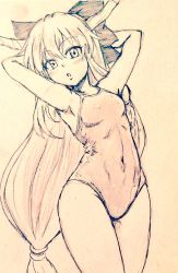 Rule 34 | 1girl, arms behind head, arms up, bow, breasts, commentary request, covered navel, cowboy shot, d-m (dii emu), eyelashes, greyscale, hair bow, ibuki suika, long hair, looking at viewer, monochrome, one-piece swimsuit, small breasts, swimsuit, touhou, traditional media, very long hair