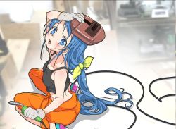 Rule 34 | 1girl, :o, alternate costume, blue eyes, blue hair, blush, breasts, burner, gloves, kantai collection, long hair, looking at viewer, malino (dream maker), midriff, pink footwear, samidare (kancolle), sitting, sleeveless, small breasts, solo, tank top, very long hair, white gloves