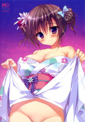 Rule 34 | 1girl, absurdres, bare shoulders, blush, bottomless, bow, breasts, brown hair, cleavage, clothes lift, cowboy shot, double bun, female focus, floral print, flower, gradient background, groin, hair bow, hair bun, hair flower, hair ornament, highres, huge breasts, japanese clothes, kimono, kimono lift, looking at viewer, no panties, obi, off shoulder, out-of-frame censoring, purple eyes, ryouka (suzuya), sash, short hair, smile, solo