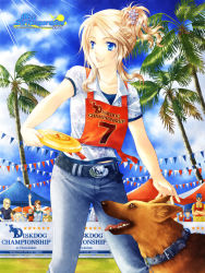 Rule 34 | 00s, 2007, 5girls, 6+boys, :d, animal collar, asa no ha (pattern), belt, blonde hair, blue eyes, buckle, cloud, collar, collarbone, collared shirt, crossed arms, crowd, day, denim, dog, english text, frisbee, hair ornament, high ponytail, jeans, looking afar, looking to the side, multiple boys, multiple girls, nature, open mouth, original, outdoors, palm tree, pants, parted bangs, pennant, plant, print shirt, shirt, short ponytail, short sleeves, sidelocks, sky, smile, solo focus, sparkle, string of flags, sunglasses, sunlight, tent, tree, triangle mouth, waving, yue natsuki
