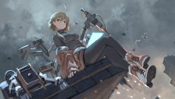 Rule 34 | ahoge, arknights, bird, black pantyhose, boots, breasts, brown eyes, cloud, cloudy sky, crossed legs, head tilt, highres, holographic monitor, jacket, large breasts, looking at viewer, mayer (arknights), mechanical arms, night, orange jacket, pantyhose, robot, short hair, side ponytail, single mechanical arm, sitting, sitting on object, sky, smile, solo, sparks, yi mu (1454177280)