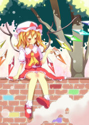 Rule 34 | 1girl, ascot, asymmetrical hair, bird, bird on hand, blonde hair, fang, female focus, flandre scarlet, hat, hat ribbon, highres, mary janes, puffy sleeves, red eyes, red footwear, ribbon, shirt, shoes, short sleeves, side ponytail, sitting, sitting on object, skirt, skirt set, smile, solo, touhou, tree, vest, wall, wings, yuimari