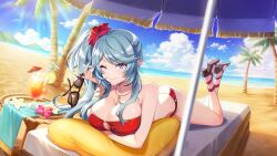 Rule 34 | 1girl, arm under breasts, beach, beach chair, beach umbrella, bikini, bird, blue hair, blue sky, breasts, chest on pillow, cleavage, cloud, cocktail, collarbone, day, elf, epsilon (kage no jitsuryokusha ni naritakute!), feet up, flipped hair, flower, gold bracelet, gold necklace, hair flower, hair ornament, hair over shoulder, high heels, high side ponytail, highres, holding, holding removed eyewear, jewelry, kage no jitsuryokusha ni naritakute!, large breasts, light rays, long hair, looking at viewer, lying, necklace, non-web source, ocean, official alternate costume, official alternate hairstyle, on stomach, one eye closed, outdoors, palm tree, pointy ears, purple eyes, purple hair, red bikini, red flower, sandals, seagull, shell, shell necklace, side ponytail, sidelocks, sky, solo, sunbathing, swept bangs, swimsuit, the pose, tinted eyewear, tree, umbrella, under umbrella, unworn eyewear, v-shaped eyebrows