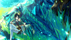 Rule 34 | 1boy, absurdres, arm support, bad id, bad pixiv id, bard, beret, black hair, blue hair, bow, braid, cape, chinese commentary, commentary request, dragon, eyebrows hidden by hair, flower, frilled sleeves, frills, genshin impact, gradient hair, grass, green cape, green headwear, hair between eyes, hair flower, hair ornament, harp, hat, hat feather, highres, holding, holding instrument, instrument, long sleeves, looking at viewer, male focus, medium hair, multicolored hair, pantyhose, realpha, shirt, sidelocks, sitting, sleeping, smile, solo focus, thighhighs, twin braids, venti (genshin impact), white pantyhose, white shirt