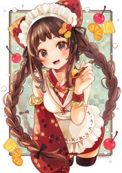 Rule 34 | 1girl, :3, animal ear hairband, animal ears, anmitsu (dessert), apron, artist name, bare shoulders, black thighhighs, border, bow, braid, brown eyes, brown hair, cat ear hairband, cat ears, cherry, cherry hair ornament, commentary, cowboy shot, cropped legs, dated, detached sleeves, fake animal ears, food, food-themed hair ornament, frilled apron, frilled hairband, frills, fruit, fruit hat ornament, green background, hair bow, hair ornament, hairband, hand up, highres, holding, holding spoon, leaning forward, long hair, looking at viewer, maid, maid apron, maid headdress, open mouth, orange (fruit), orange hair ornament, orange slice, original, outside border, shirt, signature, single detached sleeve, sleeveless, sleeveless shirt, smile, solo, sparkling eyes, spoon, tabi 0v0, thighhighs, twin braids, wa maid, white border, white shirt, wristband