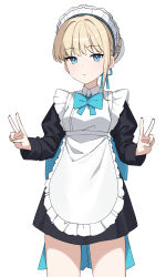 Rule 34 | 1girl, absurdres, apron, back bow, black dress, blonde hair, blue archive, blue bow, blue bowtie, blue eyes, blunt bangs, bow, bowtie, bun cover, closed mouth, commentary, cowboy shot, double v, dress, expressionless, h9 99999, hair bun, hands up, highres, huge bow, long sleeves, looking at viewer, maid apron, maid headdress, short hair, simple background, single hair bun, solo, standing, toki (blue archive), v, white apron, white background