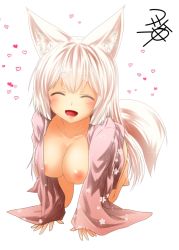 Rule 34 | 1girl, all fours, animal ear fluff, animal ears, blush, breasts, collarbone, closed eyes, facing viewer, fang, floral print, fox ears, fox tail, heart, japanese clothes, kimono, kohaku (yua), large breasts, long hair, looking at viewer, nipples, open clothes, open kimono, open mouth, original, signature, smile, solo, tail, thick eyebrows, white hair, yua (checkmate)