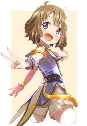 Rule 34 | 1girl, :d, ahoge, blue eyes, blue jacket, blush, brown background, brown hair, cropped legs, from side, idolmaster, idolmaster million live!, jacket, looking at viewer, looking to the side, lumiere papillon (idolmaster), open mouth, short hair, shorts, sleeveless, sleeveless jacket, smile, solo, suou momoko, two-tone background, v, white background, white shorts, wrist cuffs, yukie (kusaka shi)