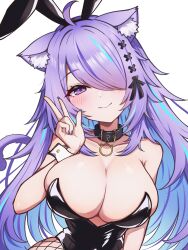 Rule 34 | 1girl, ahoge, animal collar, animal ear fluff, animal ears, bare shoulders, black leotard, blue hair, blush, breasts, cat ears, cat girl, cat tail, cleavage, closed mouth, collar, collarbone, colored inner hair, fake animal ears, hair over one eye, hand up, head tilt, highres, hololive, kogekoge1207, large breasts, leaning forward, leaning to the side, leotard, long hair, looking at viewer, multicolored hair, narrow waist, nekomata okayu, playboy bunny, purple eyes, purple hair, rabbit ears, redrawn, shiny clothes, simple background, smile, solo, streaked hair, swept bangs, tail, upper body, virtual youtuber, w, white background, wide hips, wrist cuffs