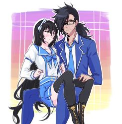 Rule 34 | 1boy, 1girl, arm ribbon, bad id, bad tumblr id, black-framed eyewear, black footwear, black hair, black thighhighs, blazer, blue bow, blue jacket, blue neckwear, blue pants, blue skirt, blush, boots, bow, bowtie, collarbone, couple, embarrassed, eye contact, glasses, hair over one eye, hair ribbon, hairband, hand on another&#039;s knee, invisible chair, jacket, long hair, looking at another, mao (expuella), miniskirt, necktie, official alternate costume, open clothes, open jacket, pants, pleated skirt, ponytail, rectangular eyewear, ribbon, rokurou rangetsu, school uniform, shirt, sitting, sitting on lap, sitting on person, skirt, smile, suspender skirt, suspenders, tales of (series), tales of berseria, thighhighs, uniform, velvet crowe, very long hair, white hairband, white ribbon, white shirt, yellow eyes, zettai ryouiki
