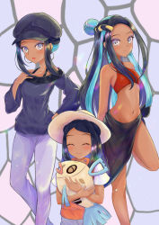 Rule 34 | 1girl, absurdres, age progression, aged down, alternate costume, animal, bare shoulders, black hair, blue eyes, blue hair, breasts, collarbone, commentary request, creatures (company), dark-skinned female, dark skin, earrings, feebas, fish, game freak, gen 3 pokemon, gloves, gym leader, highres, holding, holding animal, holding fish, holding pokemon, hoop earrings, jewelry, long hair, looking at viewer, multicolored hair, multiple views, navel, nessa (pokemon), nintendo, pokemon, pokemon: twilight wings, pokemon (creature), pokemon swsh, rgrey00, smile, time paradox, two-tone hair