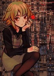 Rule 34 | 1girl, black thighhighs, blonde hair, candy, food, glitch, green skirt, io (onisarashi), lollipop, looking at viewer, open mouth, red eyes, short hair, sitting, skirt, solo, thighhighs, urotsuki, yume 2kki