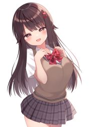 Rule 34 | 1girl, artist name, black hair, blunt bangs, blush, bow, bowtie, breasts, brown sweater vest, collared shirt, cowboy shot, fang, grey eyes, grey skirt, hair ornament, hairclip, half-closed eyes, hands up, head tilt, highres, large breasts, long hair, looking at viewer, mao-chan (uramakaron), open mouth, original, plaid, plaid skirt, pleated skirt, red bow, red bowtie, red pupils, school uniform, shirt, skirt, smile, solo, sweater vest, uniform, uramakaron, w arms, white background, white shirt