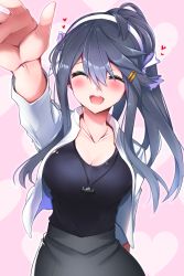Rule 34 | :d, ^ ^, black hair, black shirt, blush, breasts, cleavage, closed eyes, commentary request, facing viewer, grey skirt, hair ornament, hairband, haruna (kancolle), highres, jacket, jewelry, kantai collection, large breasts, long hair, necklace, open mouth, ponytail, reaching, reaching towards viewer, shirt, skirt, smile, solo, tsukui kachou, white hairband, white jacket