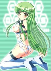 Rule 34 | 00s, 1girl, arms behind back, ass, bdsm, bondage, boots, bound, breasts, butt crack, c.c., code geass, cuffs, green hair, handcuffs, large breasts, long hair, nipples, solo, straitjacket, thigh boots, thighhighs, torn clothes, yellow eyes