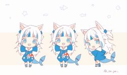 Rule 34 | 1girl, animal ears, animated, artist name, blue hair, blunt bangs, cat ears, chibi, fins, fish tail, gawr gura, hololive, hololive english, jumping, kemonomimi mode, multicolored hair, multiple views, open hands, open mouth, saya (sayaya), shark tail, spinning, streaked hair, tail, twitter username, video, virtual youtuber, white background, white hair