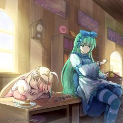 2girls, ahoge, artist name, bangs, bell, blonde hair, blue bow, bow, braid, breasts, cake, commentary, commentary request, crown braid, day, dust particles, english commentary, eyebrows visible through hair, eyes closed, flask, food, food on face, frown, green eyes, green hair, hair bow, hair ornament, hairclip, indoors, juliet sleeves, large breasts, long hair, long sleeves, miriam (rabi ribi), mixed-language commentary, multiple girls, on table, pantyhose, plate, potion, puffy short sleeves, puffy sleeves, rabi-ribi, s.claw, shelf, shop, shopping basket, short sleeves, sitting, sleeping, smile, striped, striped legwear, syaro (rabi-ribi), table, very long hair, watch, wide sleeves, window, wristwatch