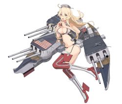 Rule 34 | 16-inch/50-caliber mark 7 gun, 1girl, adapted costume, ahoge, american flag, anti-aircraft, anti-aircraft gun, artillery, autocannon, bare arms, blonde hair, blue eyes, breasts, cannon, cleavage, hair ornament, heart, heart hands, iowa-class battleship, iowa (kancolle), kantai collection, large breasts, looking at viewer, nanidato (nanidat0), naval artillery, naval gun, navel, oerlikon 20 mm cannon, open mouth, red thighhighs, rigging, rudder footwear, simple background, solo, star-shaped pupils, star (symbol), symbol-shaped pupils, thighhighs, turret, uss iowa (bb-61), white background