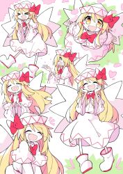 Rule 34 | &gt; &lt;, 1girl, asameshi, blonde hair, blush, blush stickers, capelet, closed eyes, dress, fairy, fairy wings, hat, highres, lily white, long hair, long sleeves, multiple views, open mouth, shoes, smile, teeth, touhou, upper teeth only, white capelet, white dress, white footwear, white headwear, wide sleeves, wings, yellow eyes