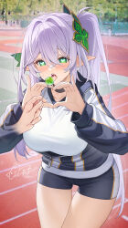 Rule 34 | 1girl, aged up, alternate costume, black jacket, blush, breasts, candy, catsmoon, chupa chups, closed mouth, cowboy shot, disembodied limb, food, genshin impact, green eyes, grey hair, hair between eyes, hair ornament, heart, heart-shaped pupils, heart hands, highres, holding, holding candy, holding food, jacket, large breasts, lollipop, long hair, long sleeves, nahida (genshin impact), open mouth, outdoors, partially unzipped, pointy ears, saliva, shirt, signature, smile, solo, symbol-shaped pupils, thighs, tongue, tongue out, track uniform, white shirt