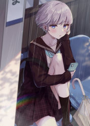 Rule 34 | 1girl, absurdres, arm support, blouse, blue eyes, blue neckerchief, blurry, blurry foreground, blush, brown jacket, brown sailor collar, bus stop, checkered clothes, checkered skirt, chromatic aberration, collarbone, commentary request, earphones, grey hair, highres, holding, holding phone, jacket, knee up, long sleeves, looking at viewer, mejiro yae, neckerchief, octopus, original, parted lips, phone, pleated skirt, rain, rainbow, red skirt, sailor collar, school uniform, serafuku, shirt, short hair, sitting, skirt, sleeves past wrists, socks, solo, umbrella, water drop, white hair, white shirt