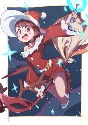 Rule 34 | 1girl, :d, antlers, belt, black choker, blush stickers, boots, bra strap, broom, broom riding, brown hair, choker, cloud, commentary request, dress, hat, highres, holding, horns, kagari atsuko, little witch academia, long hair, long sleeves, looking at viewer, magic, night, night sky, open mouth, outdoors, red dress, red eyes, red footwear, red hat, reindeer antlers, sack, santa costume, santa hat, short dress, sky, smile, snowing, solo, sparkle, tama (tama-s), wand, wide sleeves, witch hat