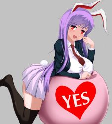 Rule 34 | animal ears, artist request, black thighhighs, blazer, blouse, breasts, buttons, collared shirt, grey background, highres, jacket, large breasts, light purple hair, long hair, long sleeves, looking at viewer, naughty face, necktie, no shoes, open mouth, pleated skirt, purple hair, purple skirt, rabbit ears, rabbit tail, red eyes, reisen udongein inaba, shirt, simple background, skirt, solo, tail, thighhighs, touhou, very long hair, white shirt, yes-no pillow, zettai ryouiki