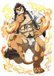Rule 34 | 1boy, abs, alca (wakatanka4), alca the lion, animal ears, bara, bare pectorals, beard, black hair, bulge, covered penis, facial hair, feet, fiery aura, fire, full beard, full body, fundoshi, furry, furry male, gyee, hand on own chin, highres, japanese clothes, large pectorals, lion boy, lion ears, lion tail, looking at viewer, male focus, mature male, muscular, muscular male, navel, navel hair, nipples, original, pectorals, presenting foot, pyrokinesis, rossciaco, seductive smile, short hair, smile, soles, solo, sparkle background, standing, stomach, stroking beard, stroking own chin, strongman waist, tail, thick beard, thick eyebrows, thick navel hair, thick thighs, thighs